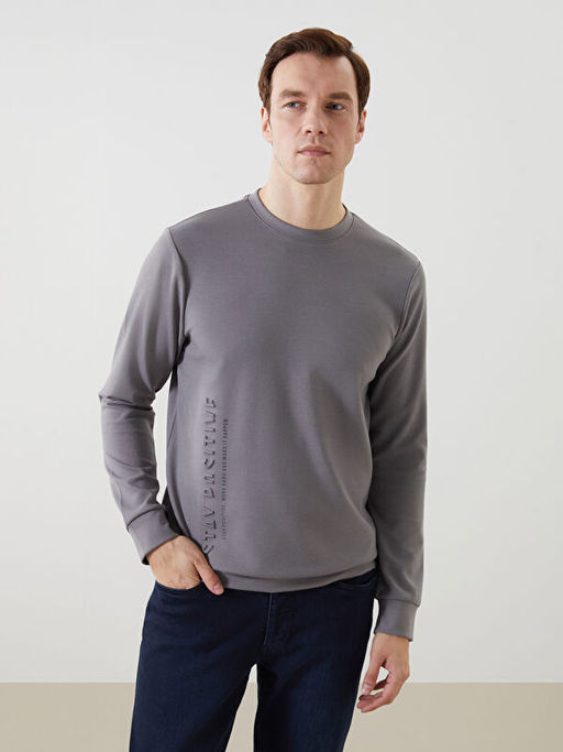 Bisiklet Yaka Uzun Kollu Bask?l? Erkek Sweatshirt