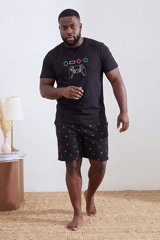Siyah Regular Fit B_y_k Beden Game Bask_l_ _rme _ortlu Pijama Tak_m_ TMNSS26AI00005 - Trendyolmilla фото 2
