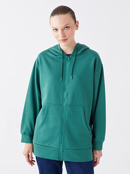 Kap??onlu D?z Oversize Kad?n Kal?n Fermuarl? Sweatshirt