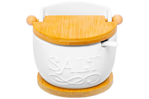 Банка д/соли 350 мл 12*9,5*10 см "Salt" на бамбук.подс + откидная бамбук.крышка + ложка