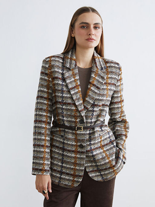 Ekose Kemerli Kad?n T?vit Blazer Ceket