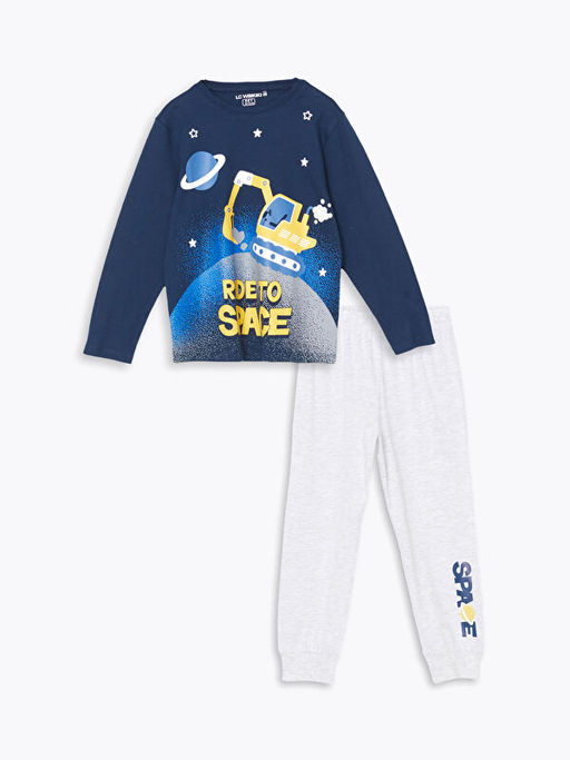 Bisiklet Yaka Bask?l? Erkek ?ocuk Pijama Tak?m?