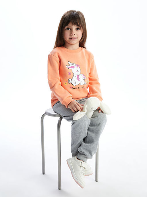 Bisiklet Yaka Uzun Kollu Bask?l? K?z Bebek Sweatshirt ve E?ofman 2li Tak?m