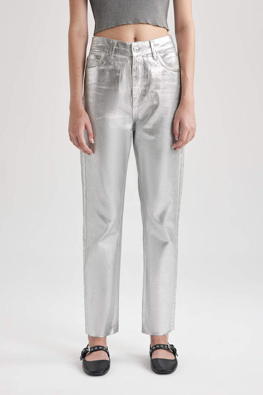 Прямая посадка, обычная форма, нормальная талия, длина до щиколотки, джинсовые брюки с эффектом металлик - Defacto фото 7
