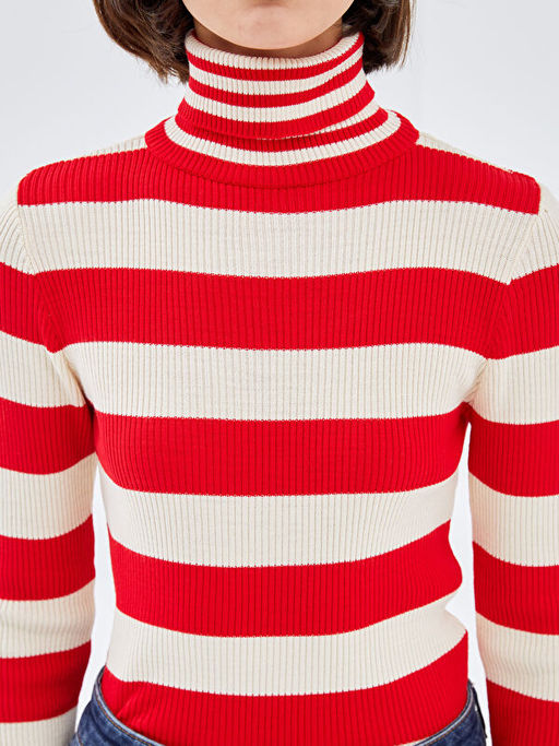 Bal?k?? Yaka Renk Bloklu Kad?n Triko Kazak