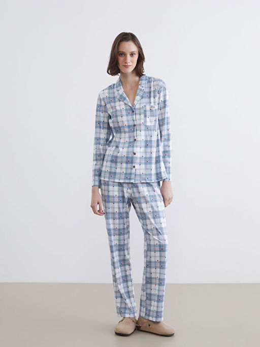 G?mlek Yaka Ekose Kad?n Pijama Tak?m?