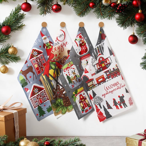 Набор новогодних кухонных полотенец Доляна Волшебство 35?60 см-4 штуки, 100% хлопок