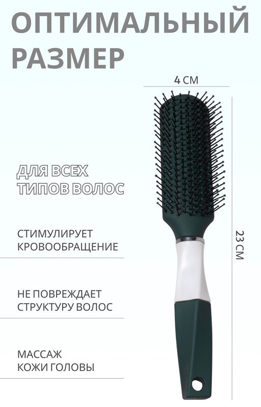 Расчёска массажная, прорезиненная ручка, 4×23(±1) см, зелёная, белая