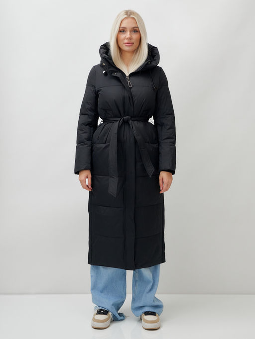 Пальто утепленное стеганное зимнее с капюшоном женское черного цвета 9605Ch - Mtforce фото 3