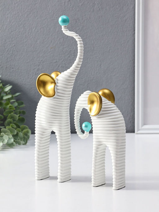 Сувенир полистоун "Слоны. Гофре" белый с золотом набор 2 шт 5х10х16,5 5,5х16,5х29,5 см