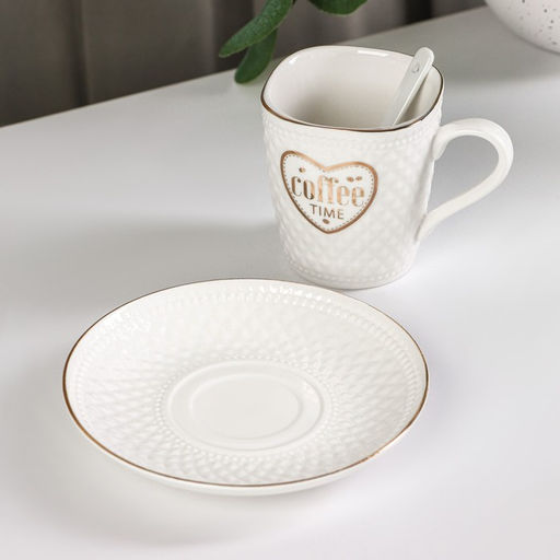Кофейная пара с ложкой Coffee, 2 предмета: кружка 190 мл, блюдце, керамика, белая