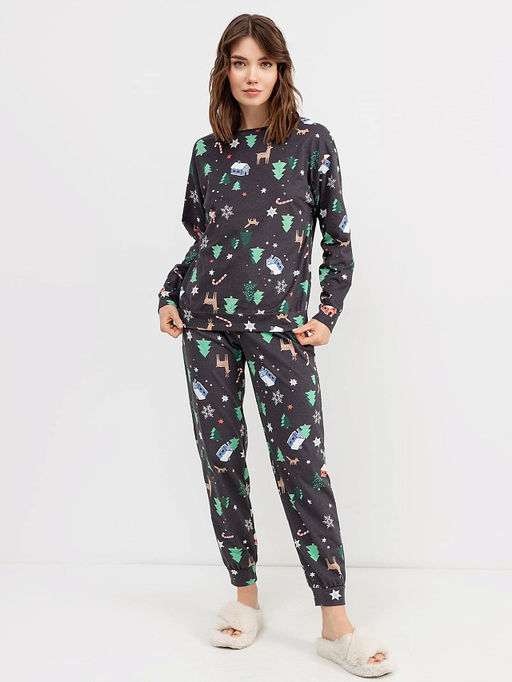 Хлопковый комплект (джемпер, брюки) в графитовом цвете с принтом в виде оленей - Mark formelle фото 2