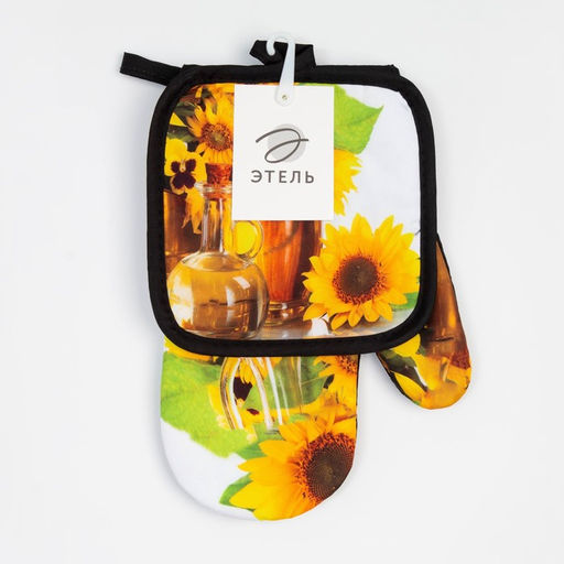 Кухонный набор 2 прихватки Этель «Подсолнухи», прихватка 17×17 см, варежка 24×16 см, 100% п/э