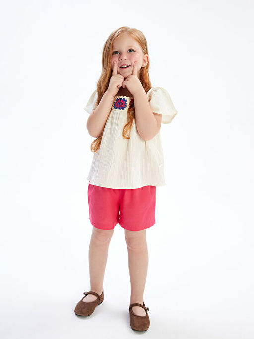 ?i?ek Nak??l? K?z ?ocuk Bluz ve ?ort Etek 2li