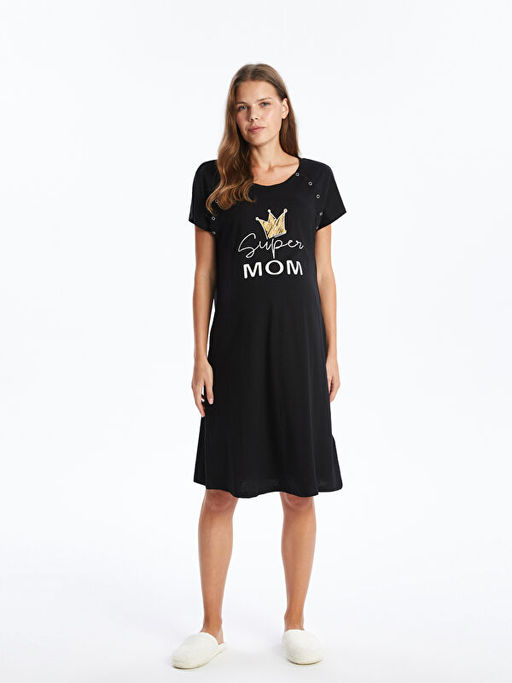 Bisiklet Yaka Bask?l? K?sa Kollu Hamile Gecelik