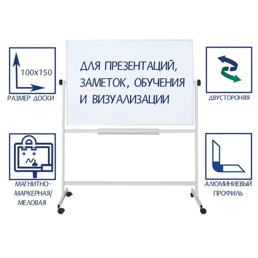 Доска двусторонняя 100×150 см, магнитно-маркерная/меловая, Calligrata СТАНДАРТ, поворотная на мобильном стенде, в алюминиевой рамке, с полочкой