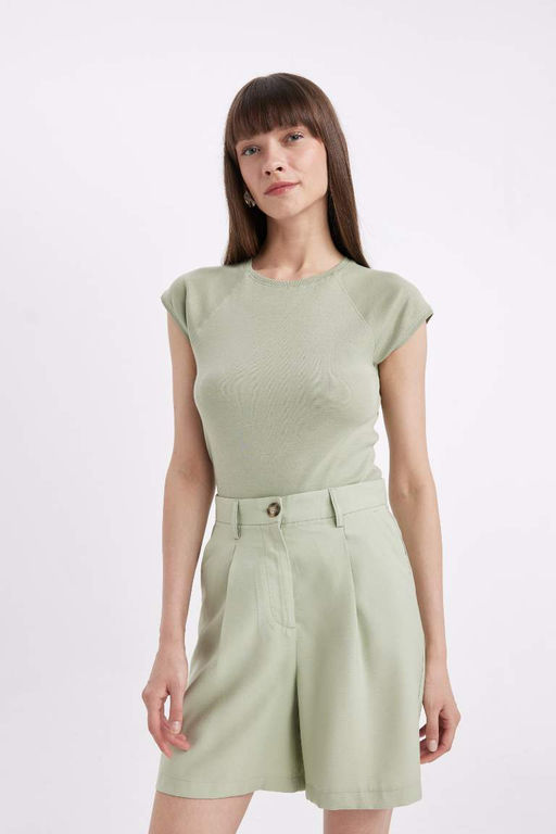 Базовая футболка в рубчик с короткими рукавами приталенного кроя с круглым вырезом - Defacto фото 4