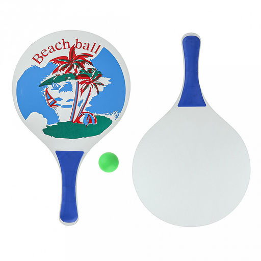 Ракетка для пляжного тенниса 38х23см, набор 2 штуки МДФ/пластик + мяч пластмассовый д4см, цвета микс, в сетке (Китай)