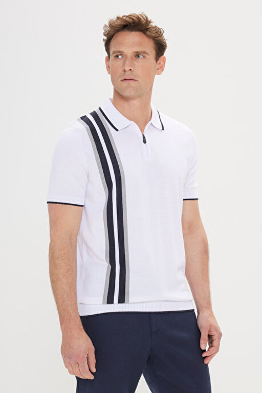 Standart Fit Normal Kesim %100 Pamuk Polo Yaka Beyaz-Lacivert Triko Ti__rt 4A4924200021BZC
