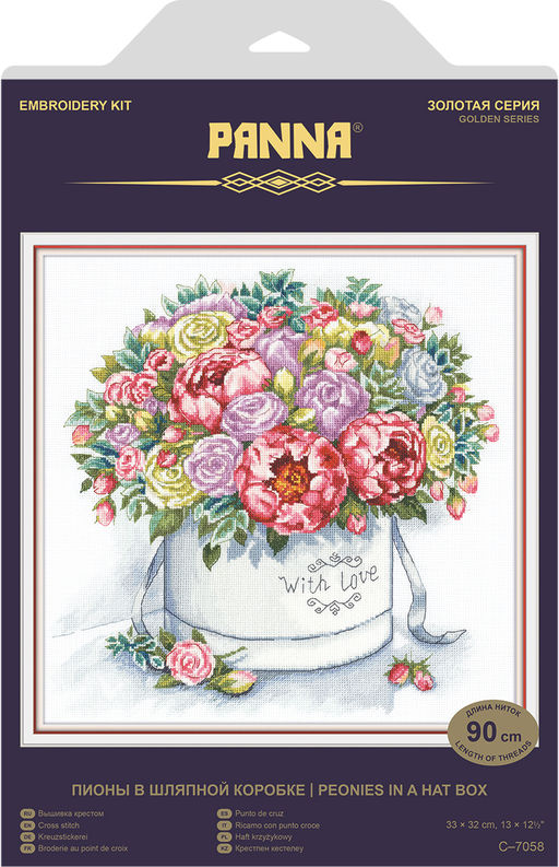 Набор для вышивания PANNA Золотая серия C-7058 Пионы в шляпной коробке 33 х 32 см