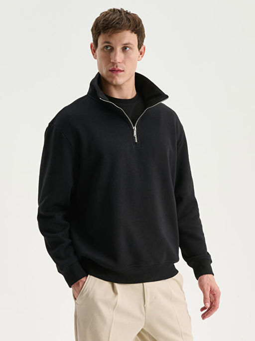 Fermuarl? Dik Yaka Erkek Kal?n Sweatshirt