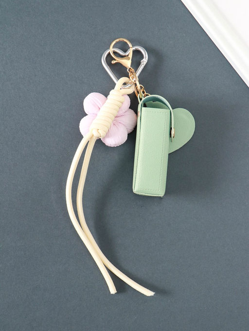 Брелок для ключей на кольце с карабином, с зеркалом «Для помады. Цветок», на рюкзак, сумку, кожзам, мятный, 20×3×3.5 см