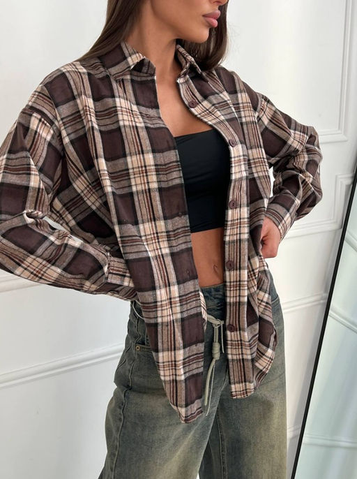 K12263 Рубашка OVER SIZE КОРИЧНЕВЫЙ