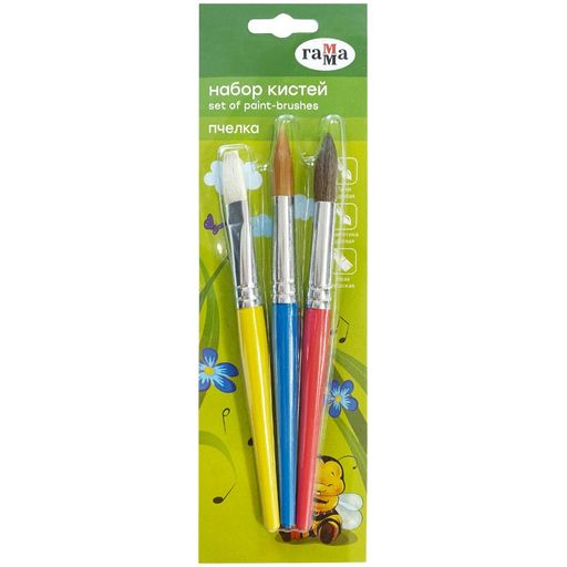 Набор кистей ГАММА "Пчелка" 3шт. утолщ., пони круглая, синтетика круглая, коза плоская (261220201)