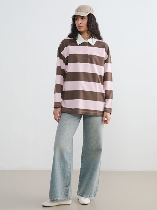 Свитшот Polo Yaka Çizgili Oversize Kadın
