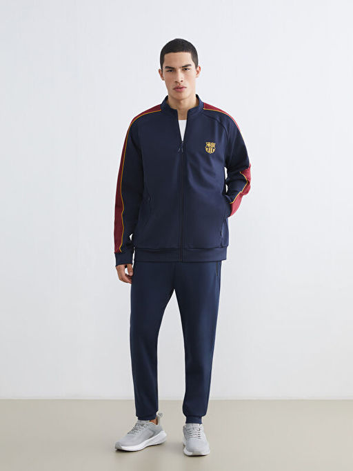 Dik Yaka Barcelona Bask?l? Erkek Fermuarl? Sweatshirt