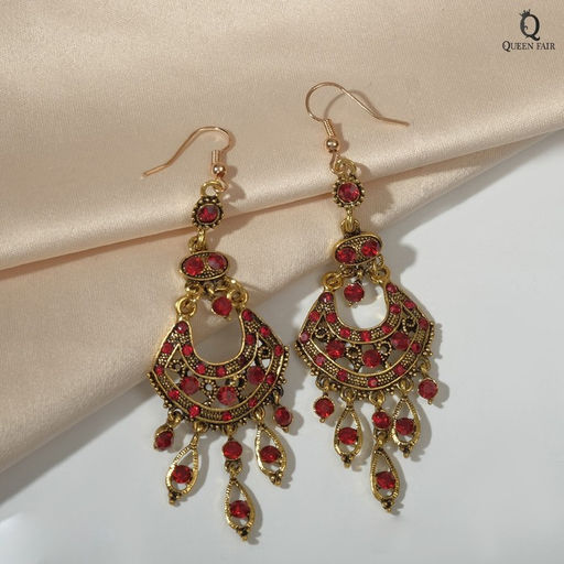 Серьги висячие со стразами «Восток» веер, цвет красный в чернёном золоте, 9см