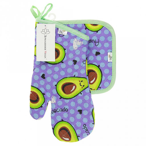 Кухонный комплект "Авокадо, вид 2/2": прихватка-варежка 15х30см + прихватка 20х20см, рогожка 171г/м2, хлопок 100%, наполнитель - ватин 280г/м2, на пластмассовом подвесе, "Домашняя мода" (Россия)