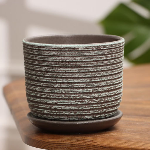 Горшок для цветов Лоза, 800 мл, d=12 см, h=10 см, керамика, с поддоном, цвет зелёно-серый бук