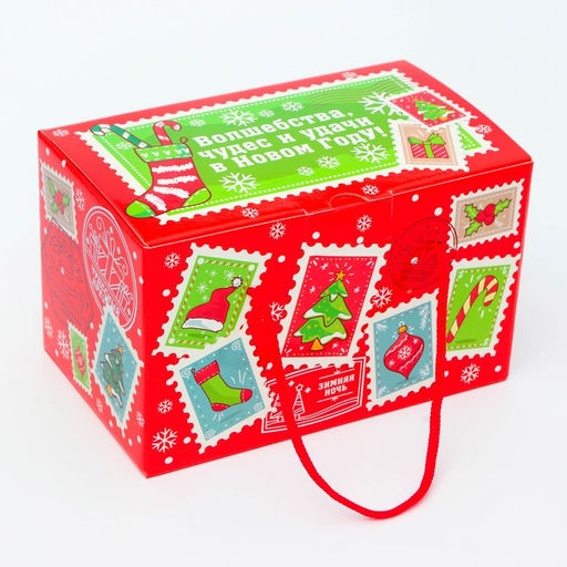 Цена за 5 шт. Подарочная коробка Новогодняя Посылка «Бандероль» с веревочными ручками с анимацией 20×12 см