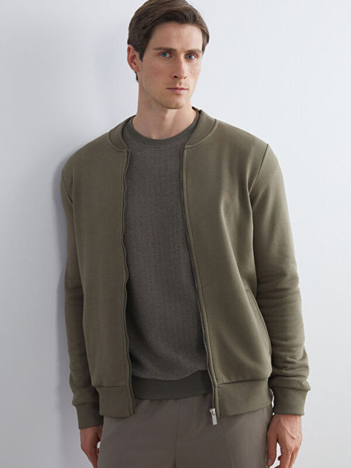 Kolej Yaka Erkek Kal?n Fermuarl? Sweatshirt