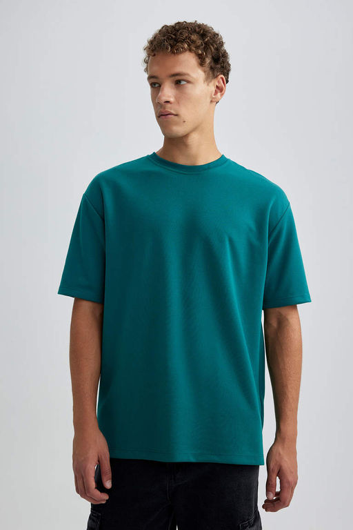 Базовая футболка из плотной ткани с круглым вырезом и короткими рукавами оверсайз - Defacto фото 3