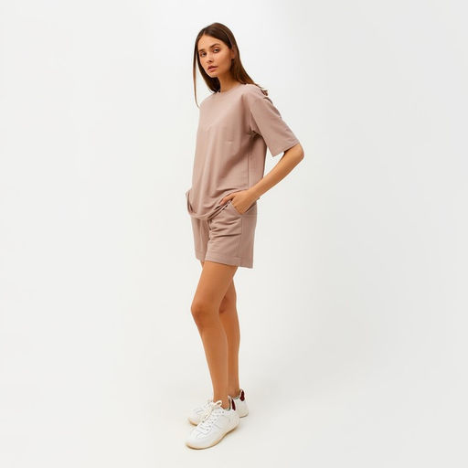Костюм спортивный женский: футболка, шорты, MINAKU: Casual Collection, размер 42, бежевый