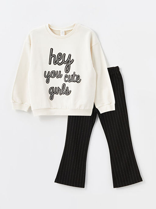 Bisiklet Yaka Uzun Kollu Bask?l? K?z ?ocuk Sweatshirt ve Tayt 2li Tak?m