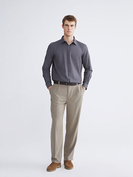 ?nden D??me Kapamal? D?z Uzun Kollu Erkek G?mlek