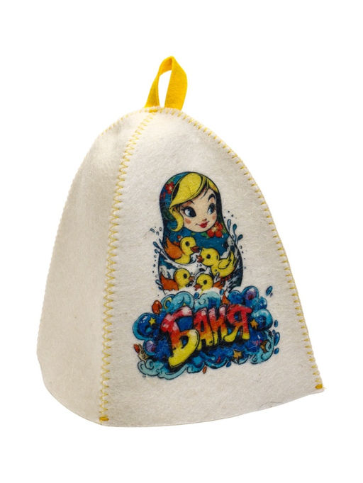 Шапка для бани с принтом "Матрешка с уточками", белая