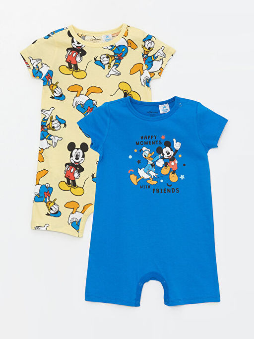 Bisiklet Yaka K?sa Kollu Mickey Mouse Bask?l? Pamuklu Erkek Bebek Tulum 2li