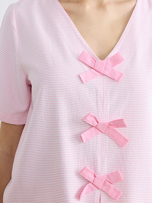 V Yaka ?izgili Kad?n ?ortlu Pijama Tak?m?