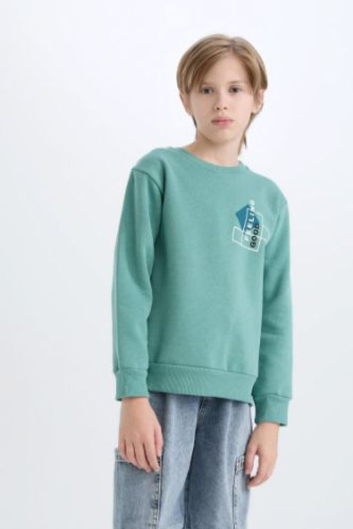 Erkek Cocuk Bisiklet Yaka Bask?l? Kal?n Sweatshirt