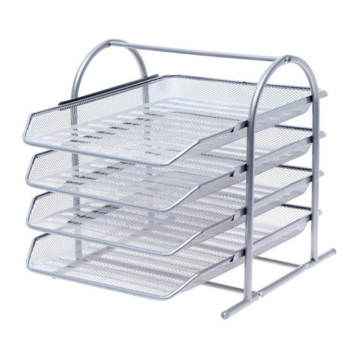 Лоток для бумаг горизонтальный, металлическая сетка, 4 отделения, серый