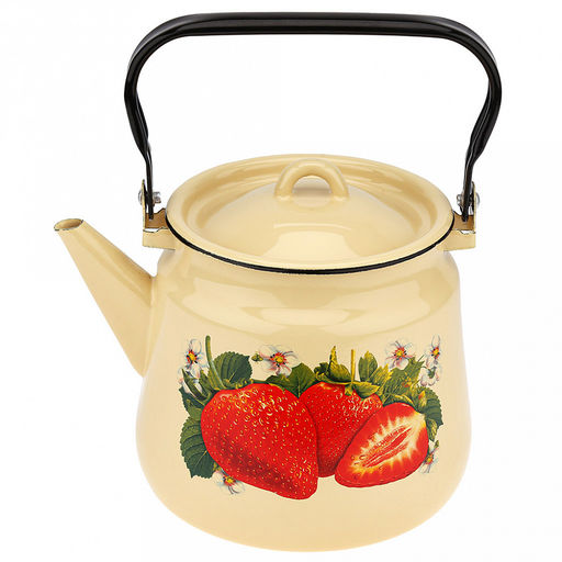 "Клубника садовая" Чайник эмалированный 3,5л, д19см, h18см, металлическая крышка, подвижная металлическая ручка, кремовый (Россия)