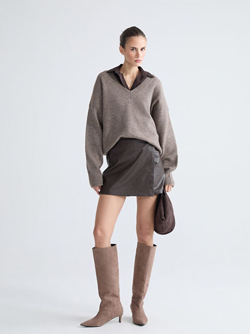 Dar Fit Kad?n Deri G?r?n?ml? ?ort Etek