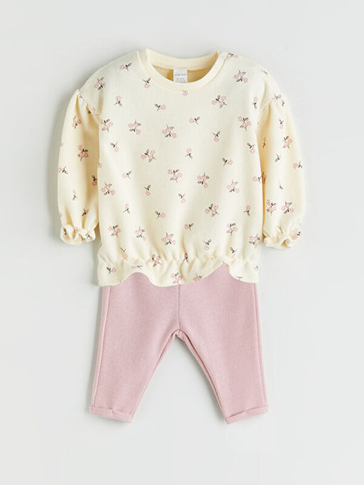 Bisiklet Yaka ?i?ekli K?z Bebek Sweatshirt ve Tayt 2li