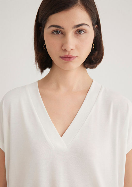 Lux Touch TENCEL TM V Yaka Beyaz Tisort - Mavi фото 7