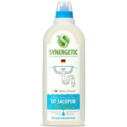 Средство для труб и стоков SYNERGETIC для чистки и профилактики засоров, 1 л