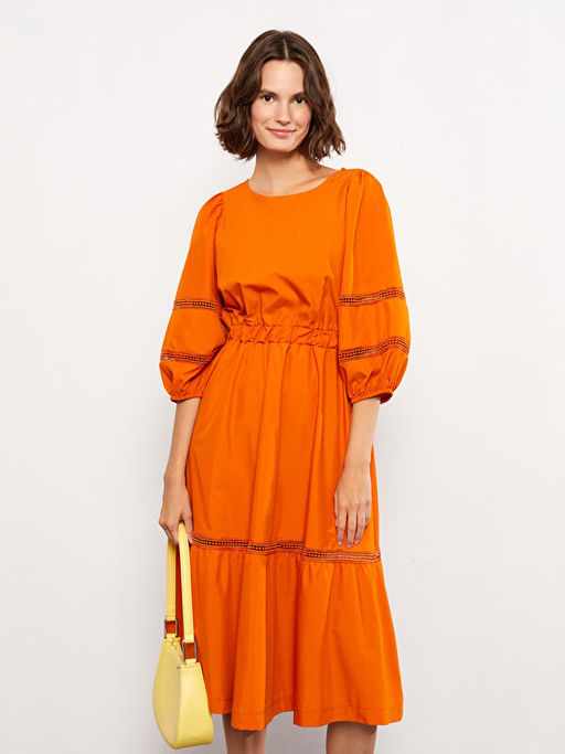 Bisiklet Yaka Nak??l? Balon Kollu Poplin Kad?n Elbise